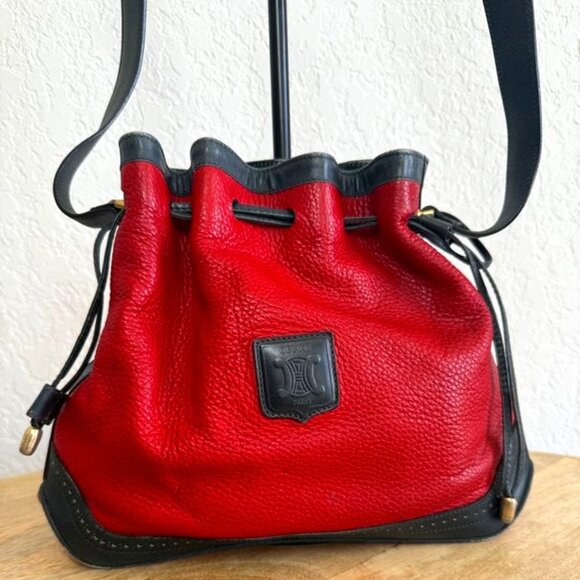 Celine Vintage Drawstring Red/Black Shoulder Bag - Picture 1 of 10